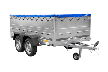 GARDEN TRAILER 264/2 KIPP remorque à deux essieux avec roue jockey, tiges de support, ridelles supplémentaires et bâche plate bleue