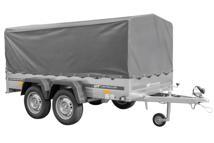 REMORQUE DOUBLE ESSIEUX UNITRAILER 264/2 KIPP AVEC ROUE JOCKEY, ARCEAU ET bâche GRISE