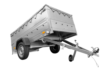 Grande remorque 230×125 avec bâche plate grise, tiges de support bâche, rehausses de ridelles et roue jockey – Garden Trailer 230 KIPP
